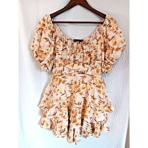 Mary & Mo Floral Textured Romper Medium Puff Sleeve Lined Shorts Mustard Tan